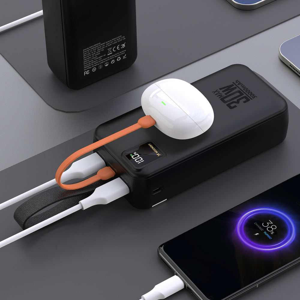 Wozinsky W8-W 30000 mAh 30W Powerbank 2x USB-A og USB-C med lommelygte - sort