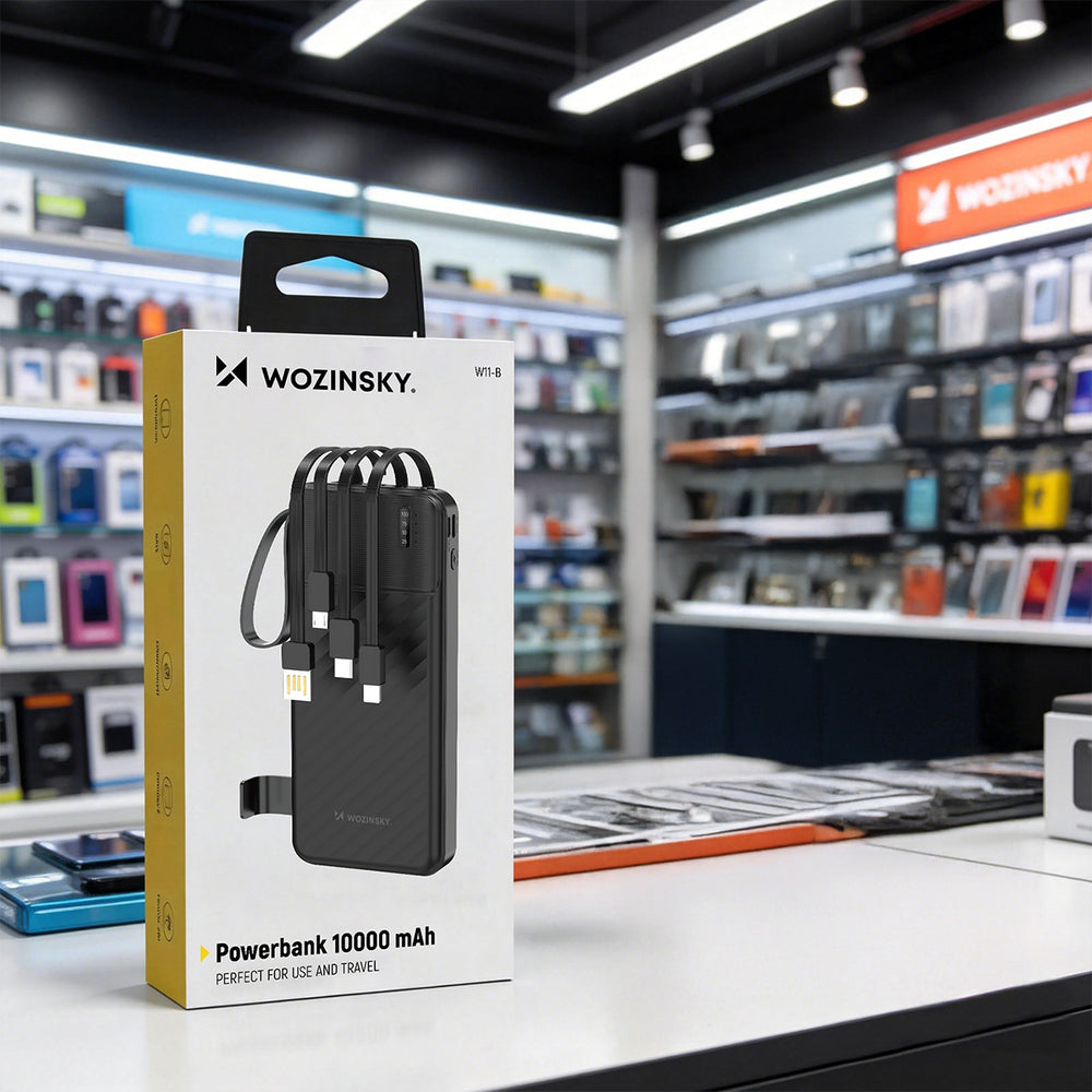 Wozinsky W11-B 10000mAh 10W Powerbank with Built-in Cables and Flashlight - Black