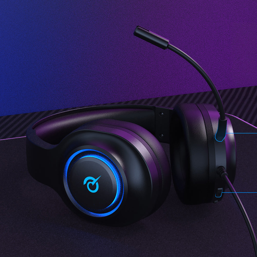 QCY V200 Pro Wired Gaming Headphones with 7.1 Sound and Detachable Microphone - Black