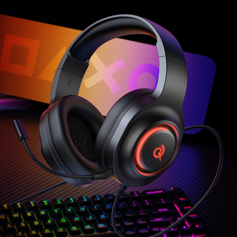 QCY V200 Pro Wired Gaming Headphones with 7.1 Sound and Detachable Microphone - Black
