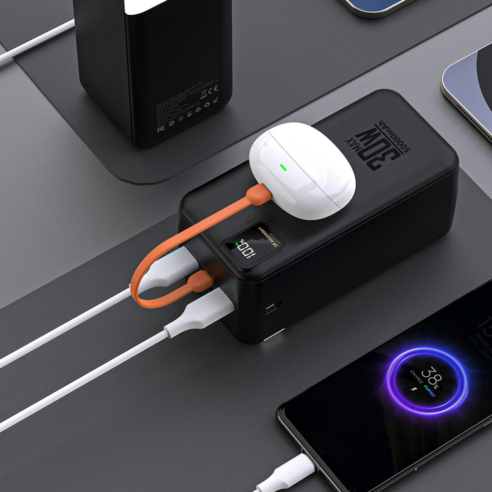 Powerbank Wozinsky W8-B 50000mAh 30W 2xUSB-A og 2xUSB-C og USB micro med lommelygte - sort