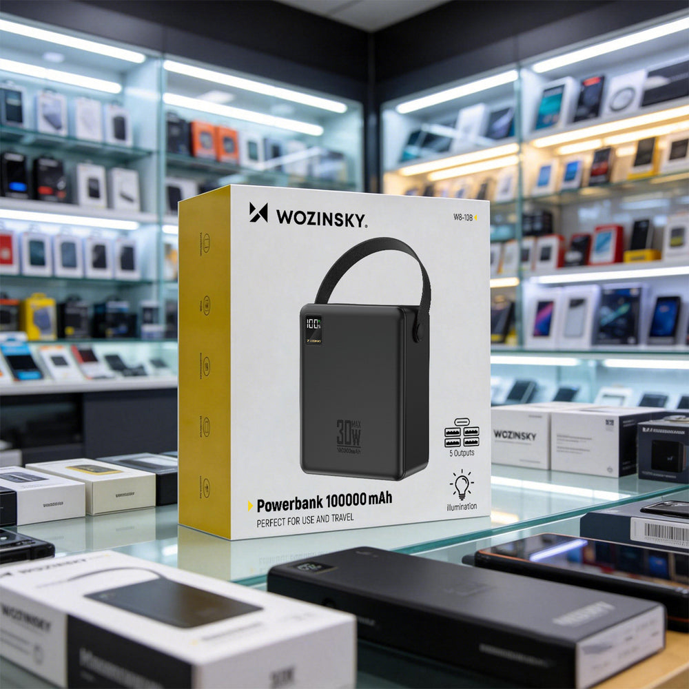 Wozinsky W8-B 100000mAh 30W Powerbank 2xUSB-A og 2xUSB-C med lommelygte - sort