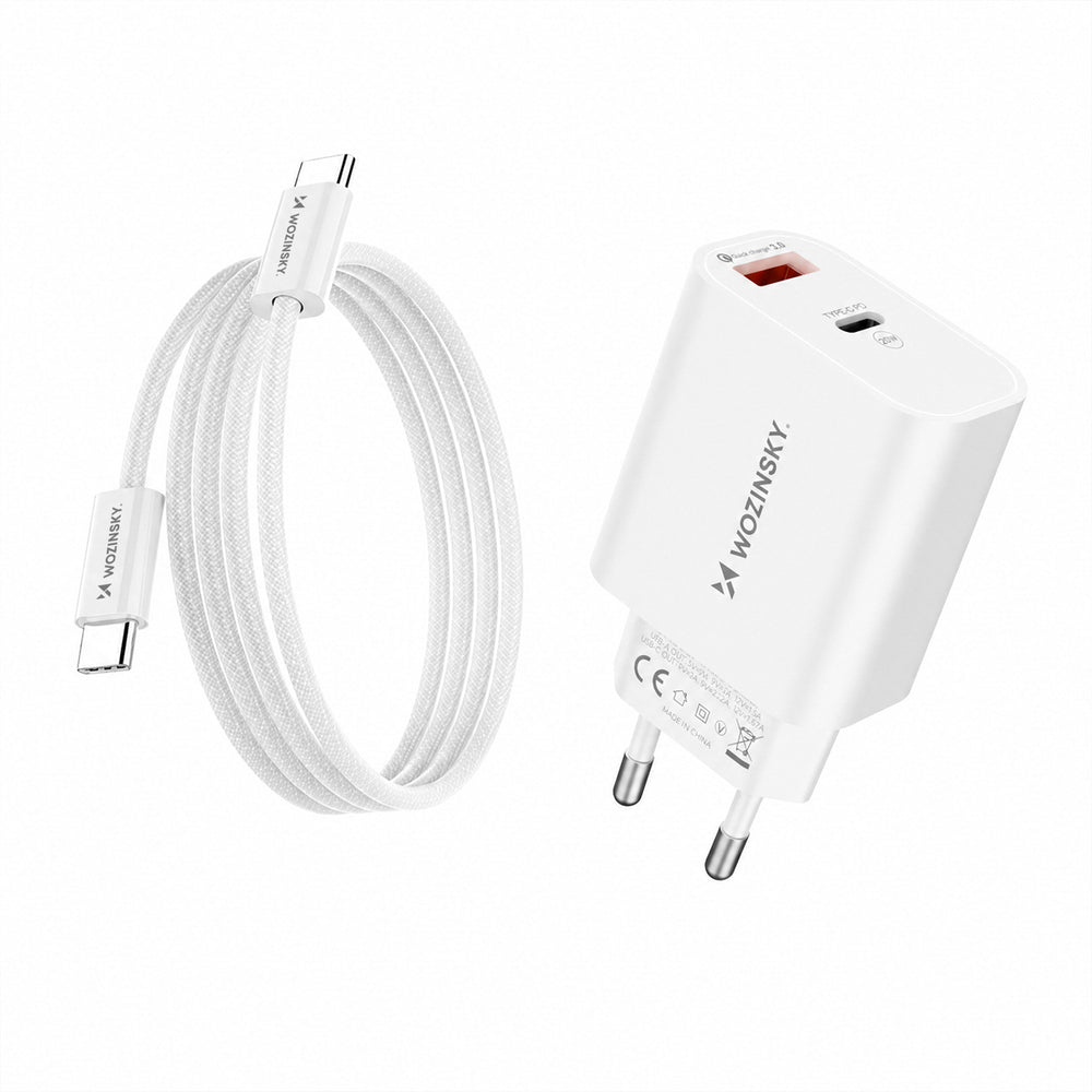 Wozinsky WLS-20W 20W USB-A USB-C Wall Charger med 1m USB-C - USB-C-kabel - hvid