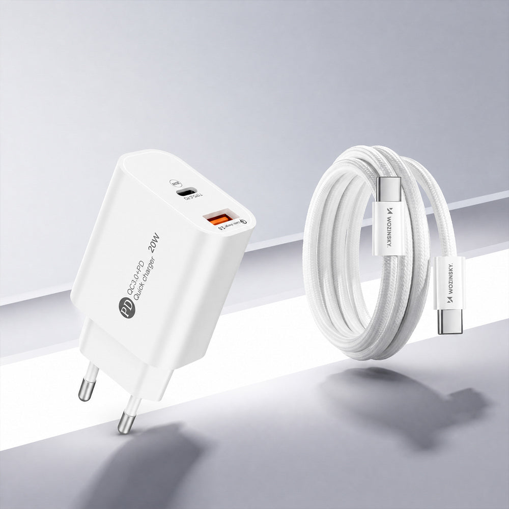 Wozinsky WLS-20W 20W USB-A USB-C Wall Charger med 1m USB-C - USB-C-kabel - hvid