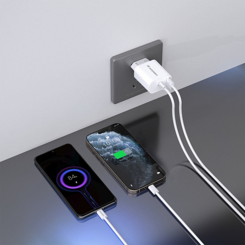 Wozinsky WLS-20W 20W USB-A USB-C Wall Charger med 1m USB-C - USB-C-kabel - hvid