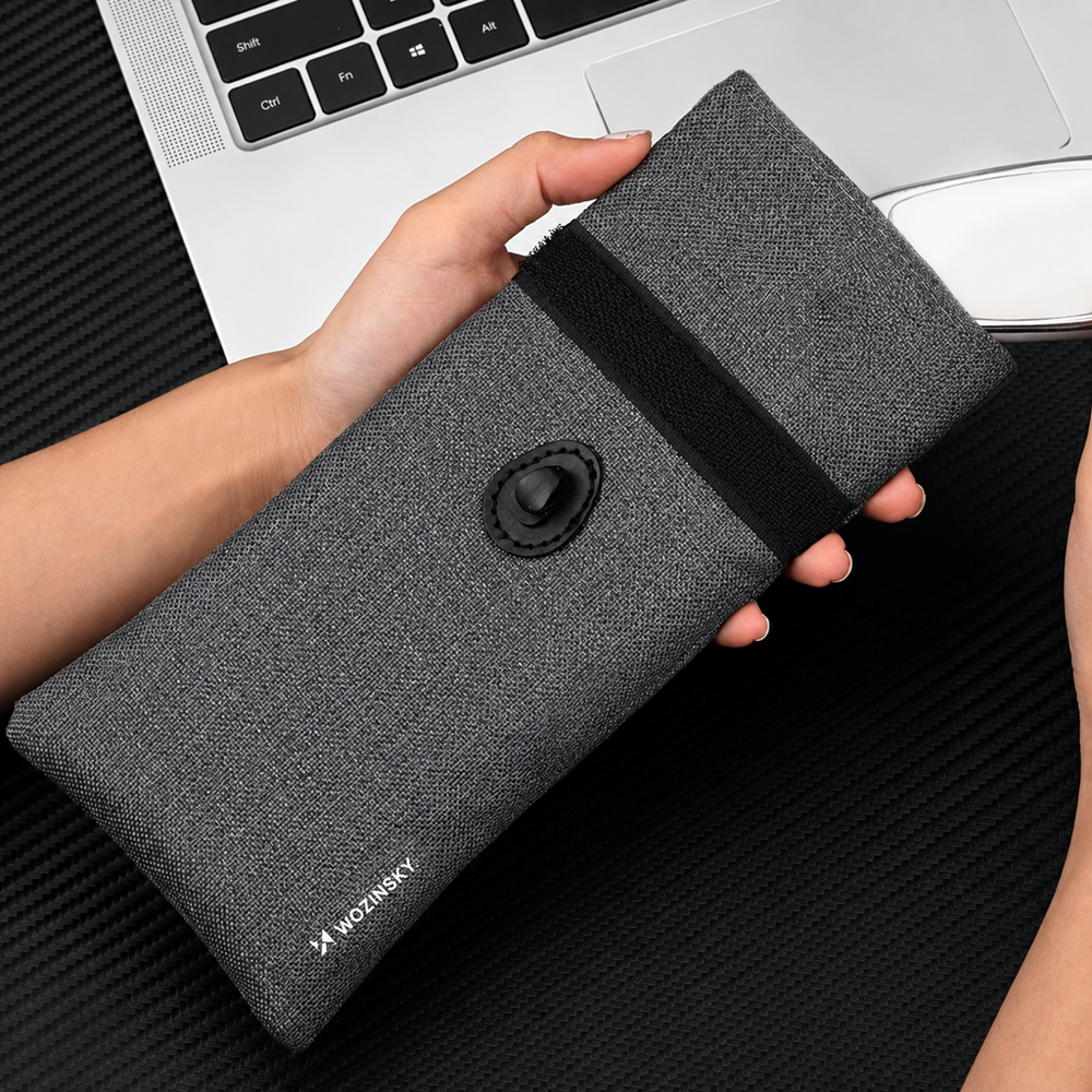 Wozinsky WPB-R12 RFID-blokerende telefoncover med klap og snor 21,5x12 cm - Grå