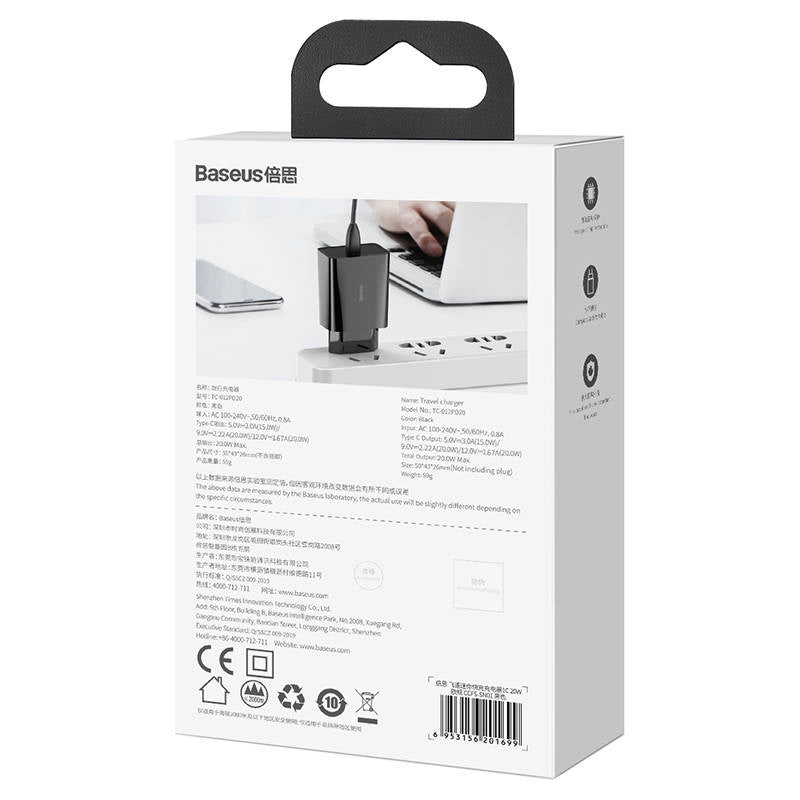 Baseus Speed Mini hurtigoplader, USB-C, PD, 3A, 20W (sort)