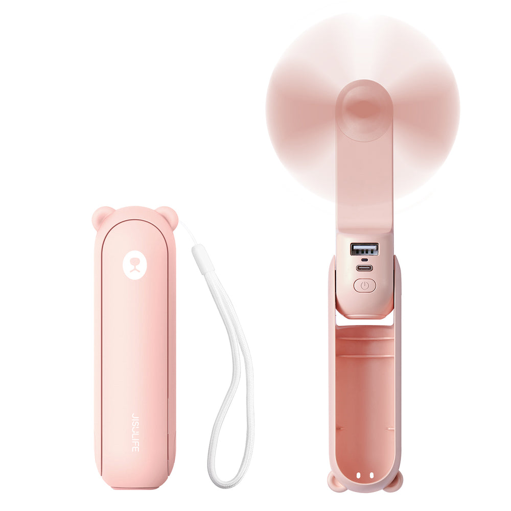 Jisulife håndholdt ventilator Life8 bærbar USB-ventilator med Power Bank-funktion 2000mAh og lommelygte - Pink