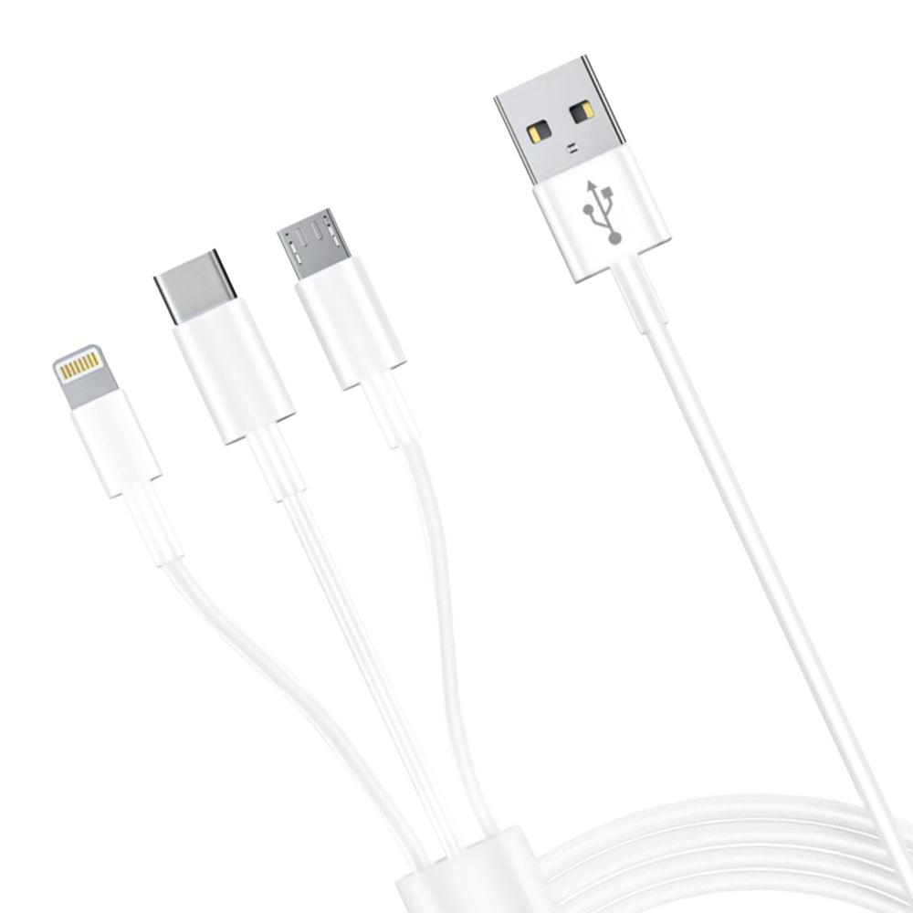 3mk Kabel 3in1 USB-A - mikro USB / Lightning / USB-C 1.2m 20V/2.4A 15W - hvid