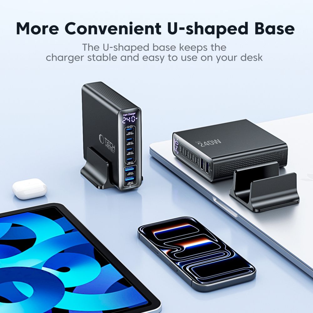 Tech-Protect DC240W-GaN opladningsstation 6 porte 4 x USB-C 2 x USB-A 240W QC3.0 - sort
