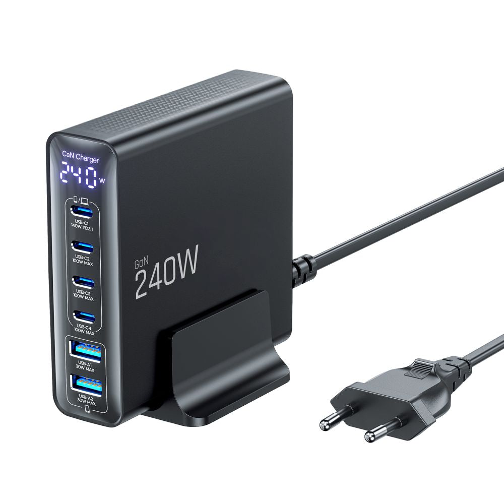 Tech-Protect DC240W-GaN opladningsstation 6 porte 4 x USB-C 2 x USB-A 240W QC3.0 - sort
