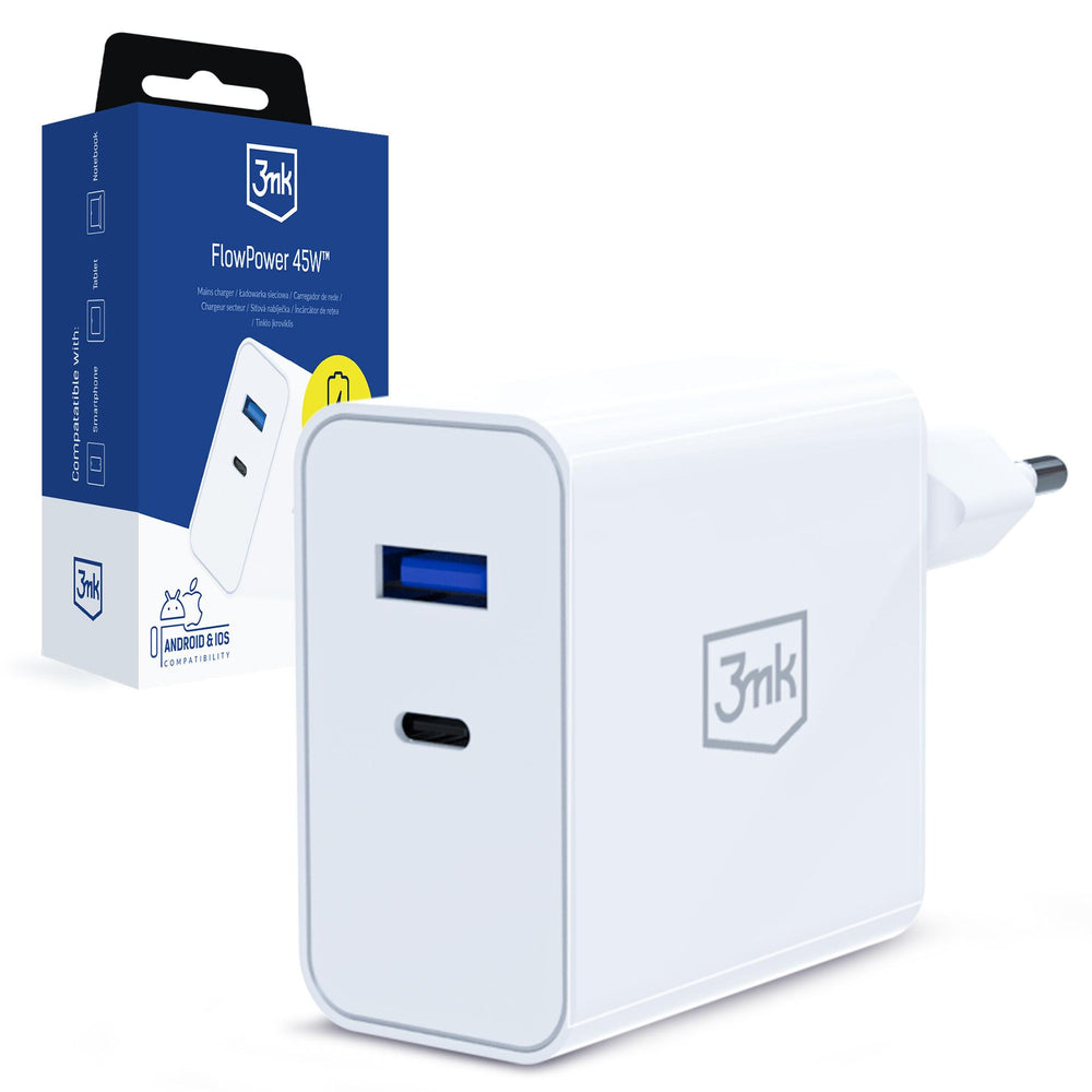 3mk FlowPower 45W 1A1C PD3.0 QC4+ Wall Charger - White
