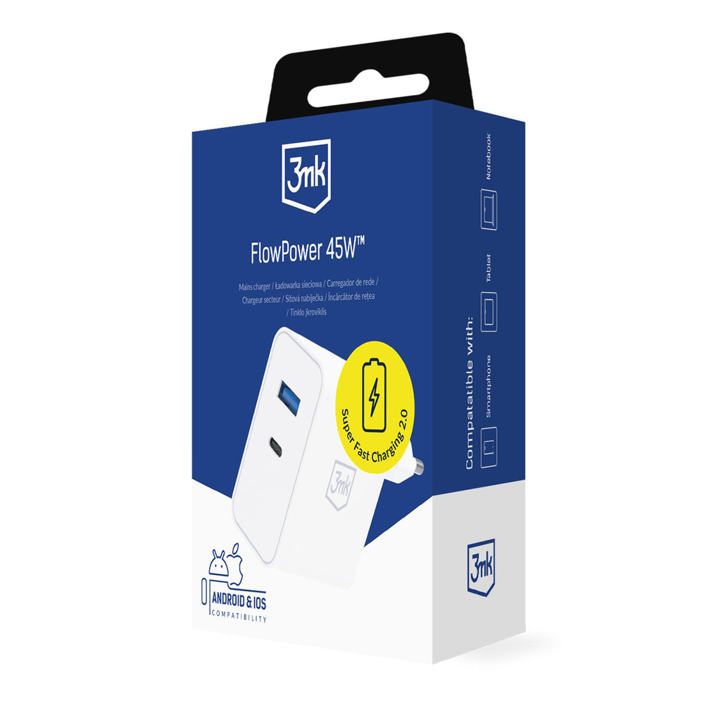 3mk FlowPower 45W 1A1C PD3.0 QC4+ Wall Charger - White