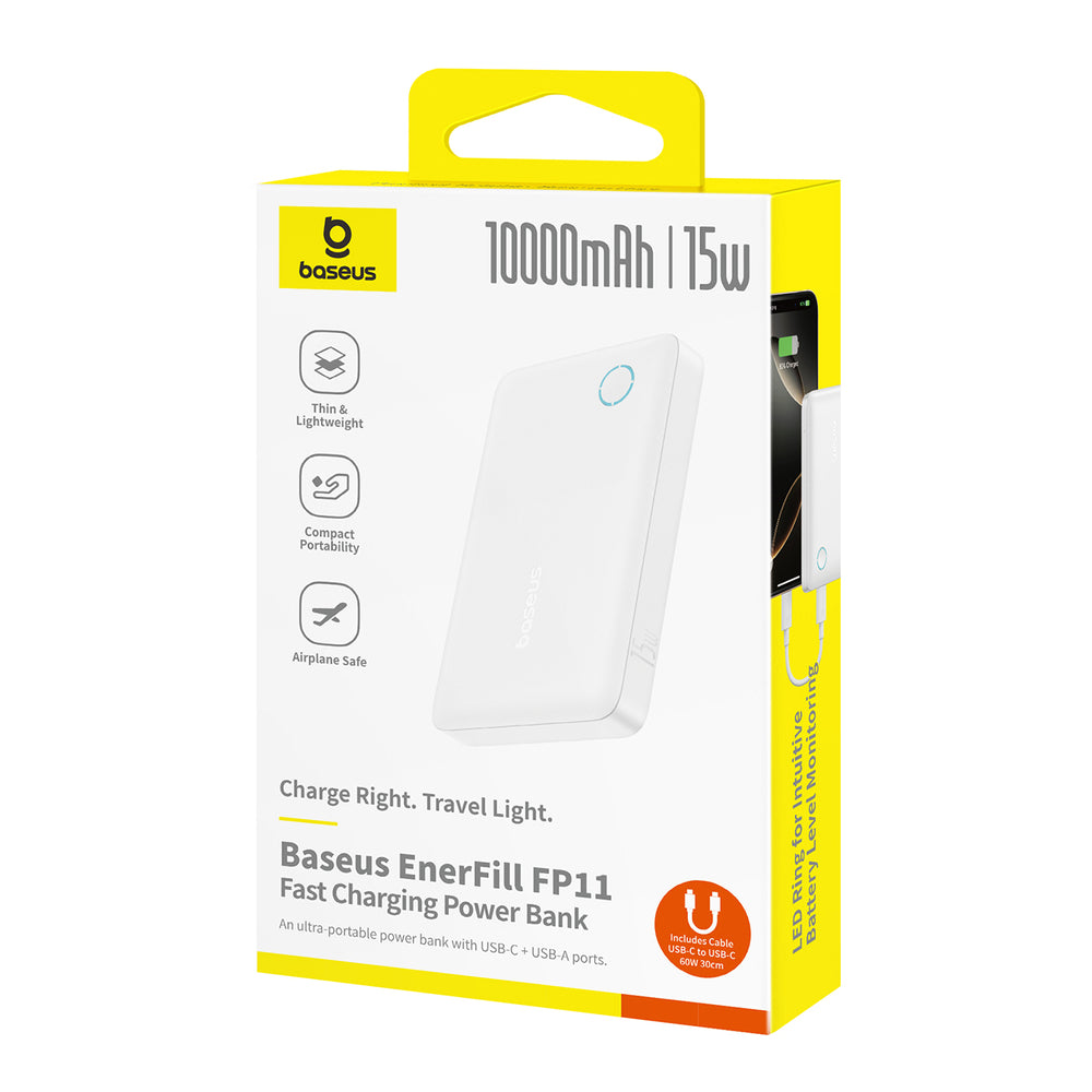 Baseus EnerFill FP11 10000mAh 15W Power Bank with White USB-C Cable 20V/3A 30cm - White