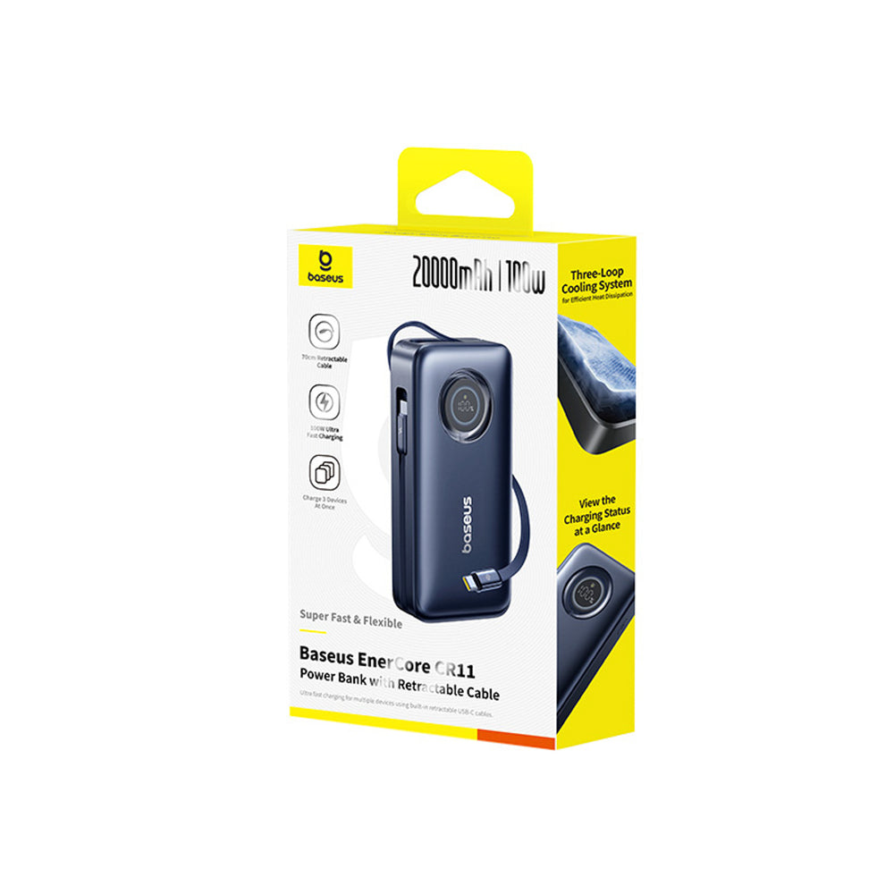 Baseus EnerCore CR11 20000mAh 100W Power Bank with Retractable USB-C Cable - Black