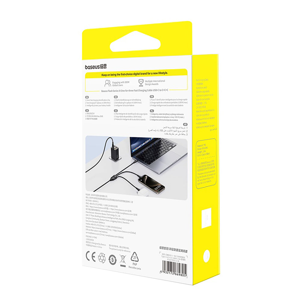 Baseus Flash Series 3 100W 3in1 USB-C Cable - 3xUSB-C 1.5m - Black