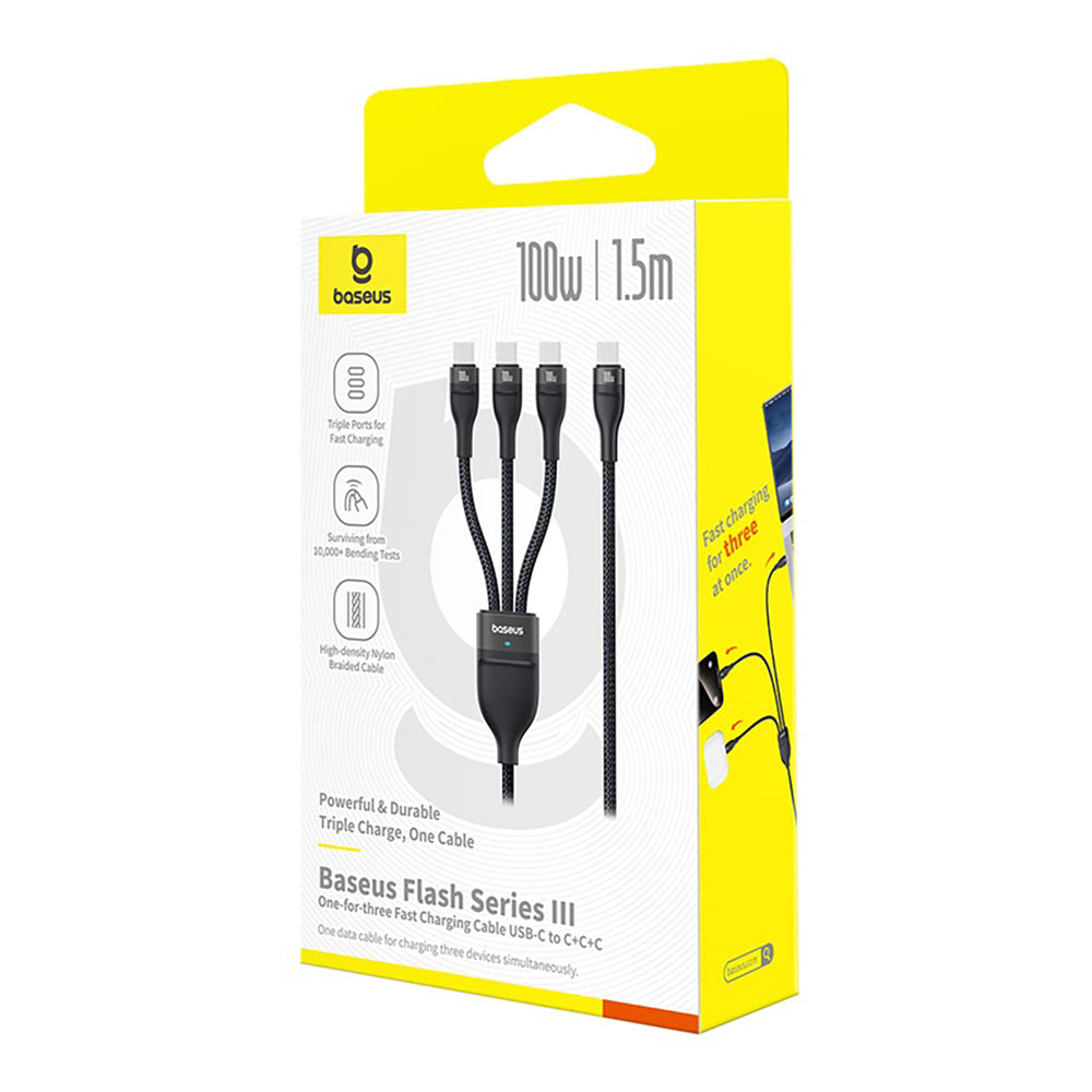 Baseus Flash Series 3 100W 3in1 USB-C Cable - 3xUSB-C 1.5m - Black