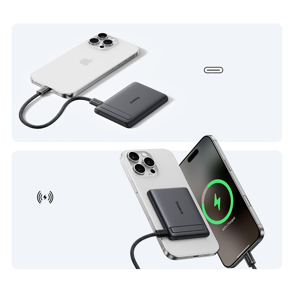 Baseus PicoGo AM31 Qi2 5000mAh 20W MagSafe Compatible Power Bank with Stand (with Black Simple Braided USB-C - USB-C 30cm Cable) - Black