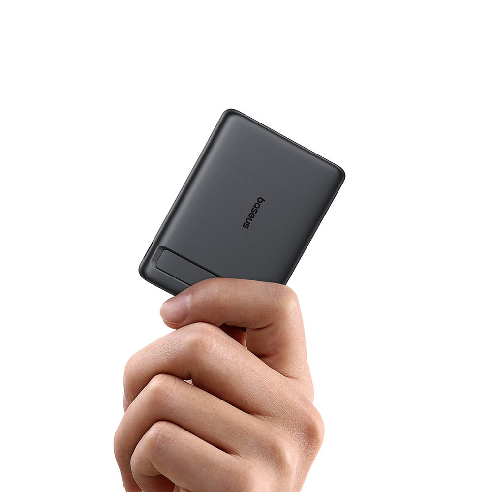 Baseus PicoGo AM31 Qi2 5000mAh 20W MagSafe Compatible Power Bank with Stand (with Black Simple Braided USB-C - USB-C 30cm Cable) - Black