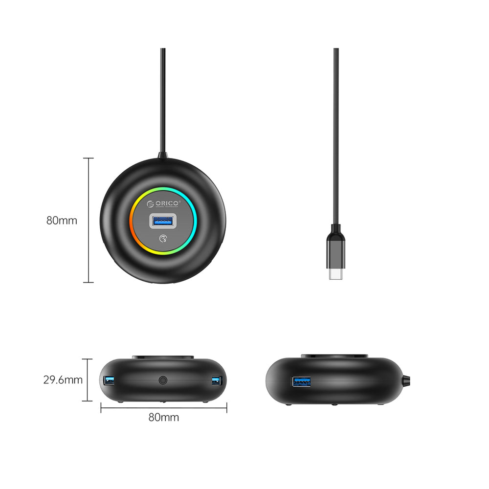 Orico YXR4-C3 RGB USB Hub 4-Port USB-A 3.0 with Audio/Microphone Port 1.8m - Black