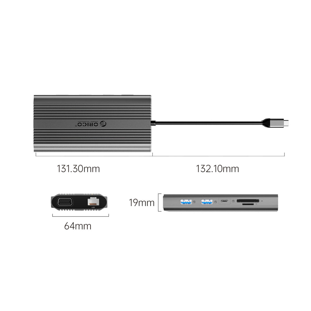 Orico XDR 12in1 USB-C Docking Station USB-A USB-C HDMI 4K VGA RJ45 Gigabit PD 100W SD and microSD Card Reader - Gray