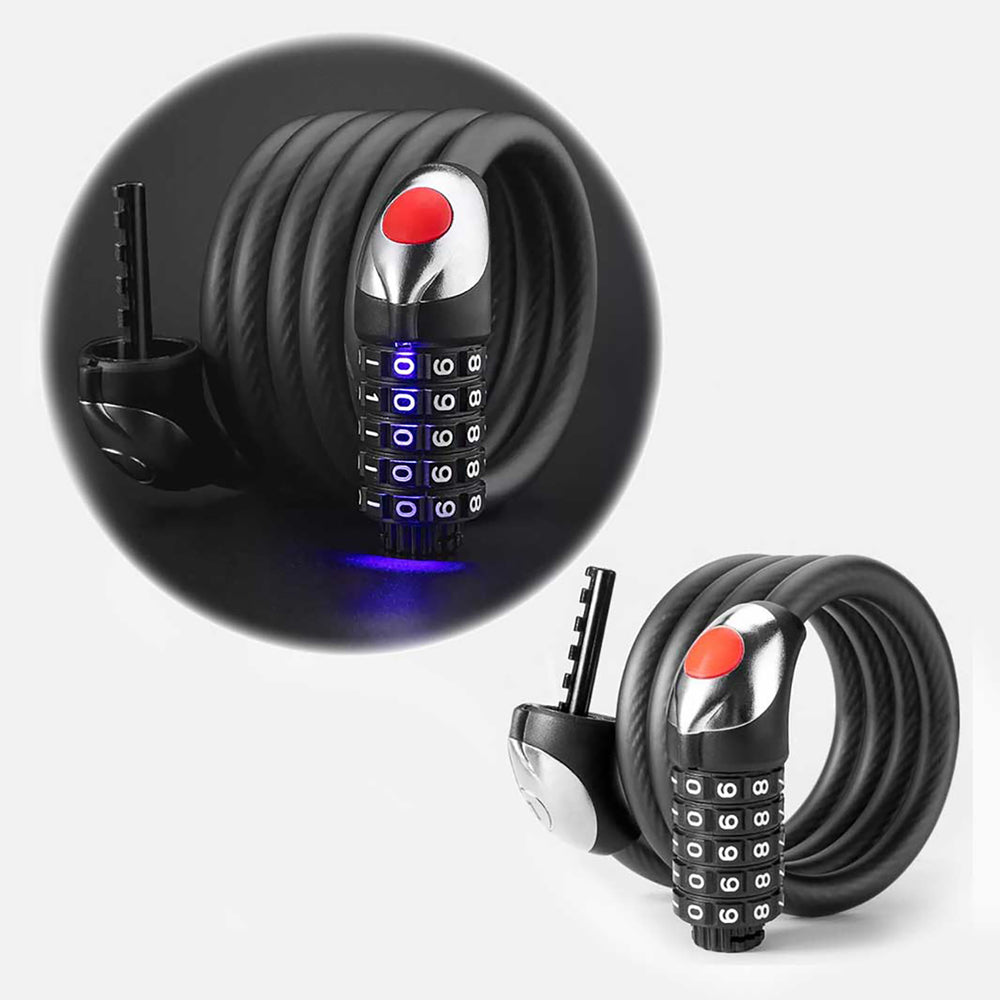 Rockbros RKS531 bicycle lock with 5-digit code, steel cable, 120 cm, with LED lighting - black