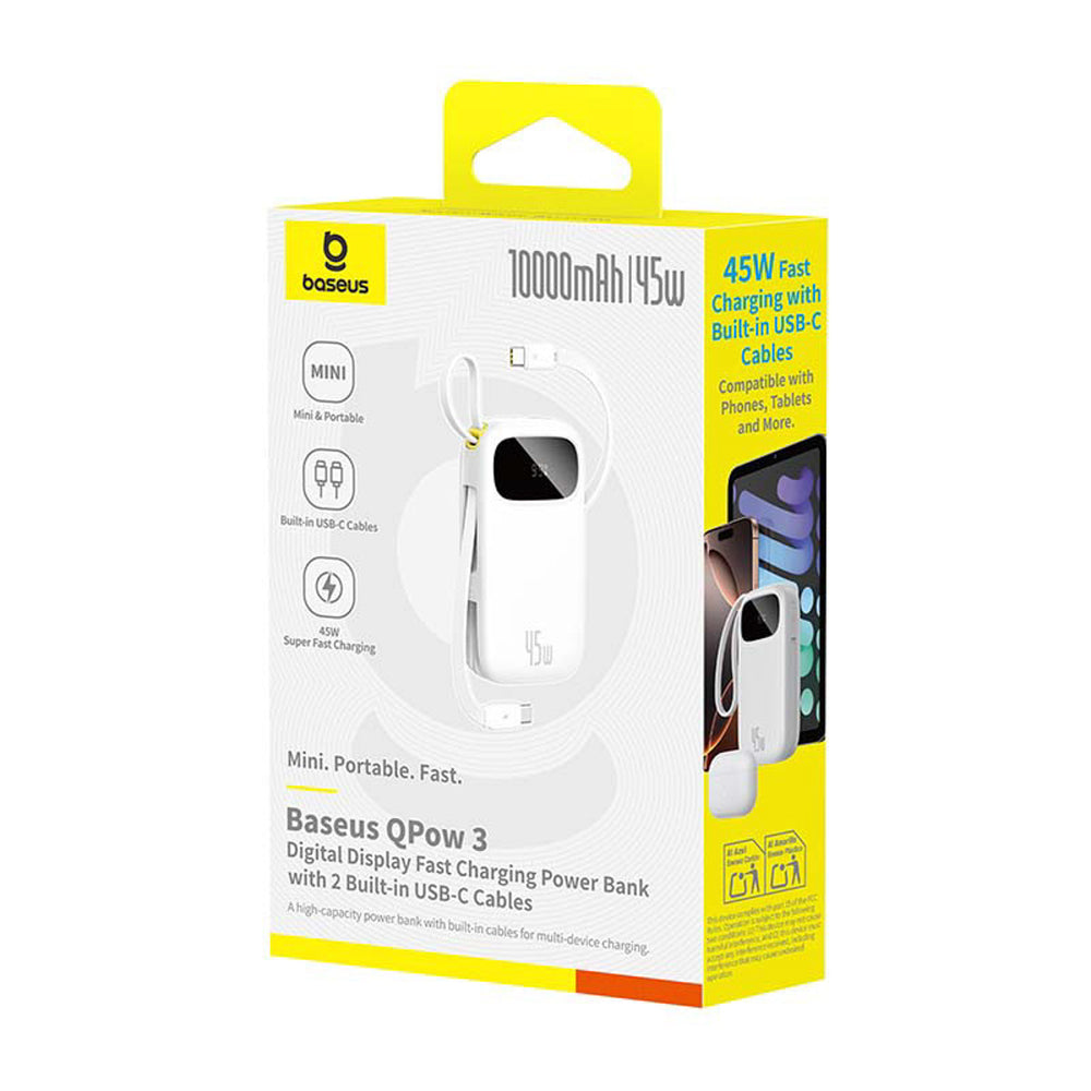 Baseus EnerFill FC31 QPow3 10000mAh 45W Power Bank med digitalt display med 2 indbyggede USB-C-kabler - hvid