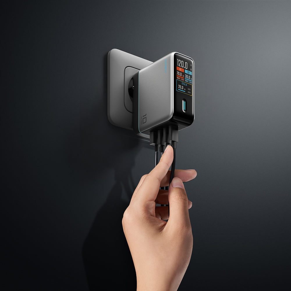 Cuktech AD1204U 120W Wall Charger with Display and USB-C Cable - Silver