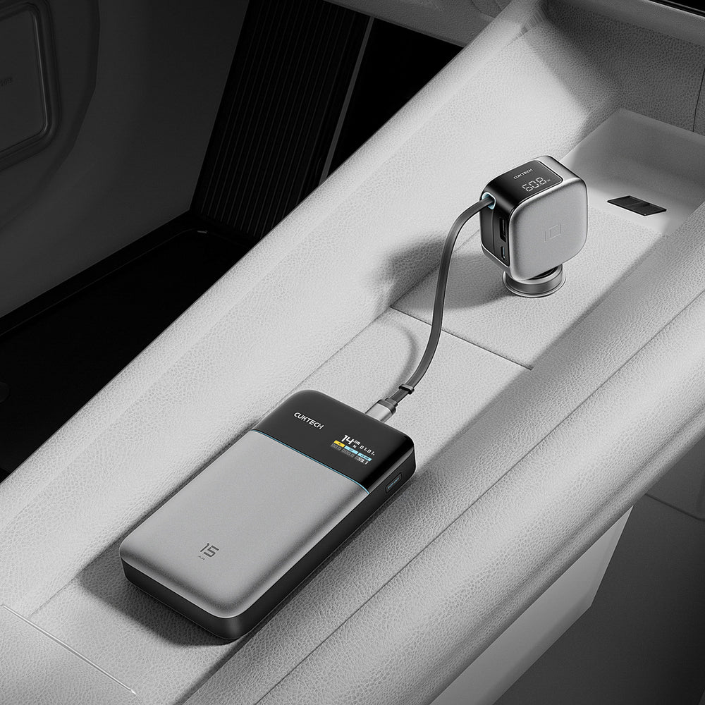 Cuktech CC903P 100W Car Charger with Display and 70cm Retractable USB-C Cable - Gray