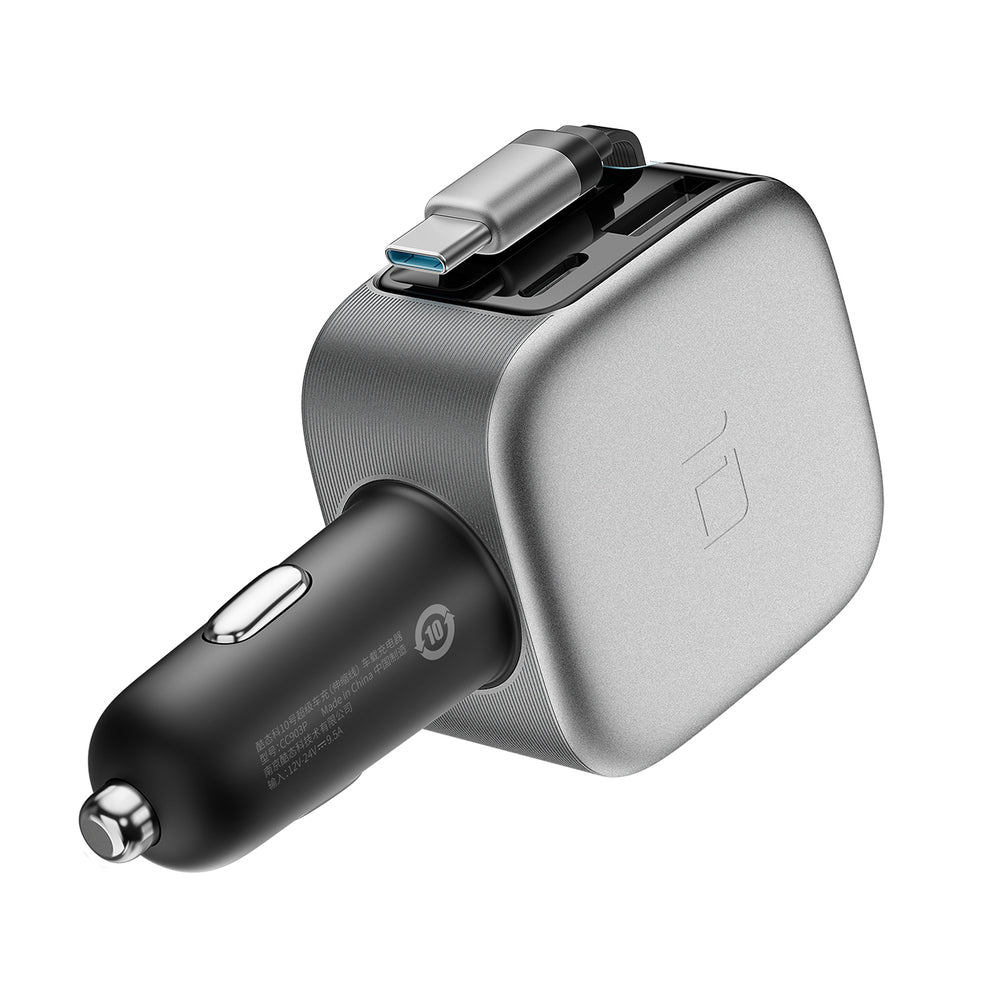 Cuktech CC903P 100W Car Charger with Display and 70cm Retractable USB-C Cable - Gray