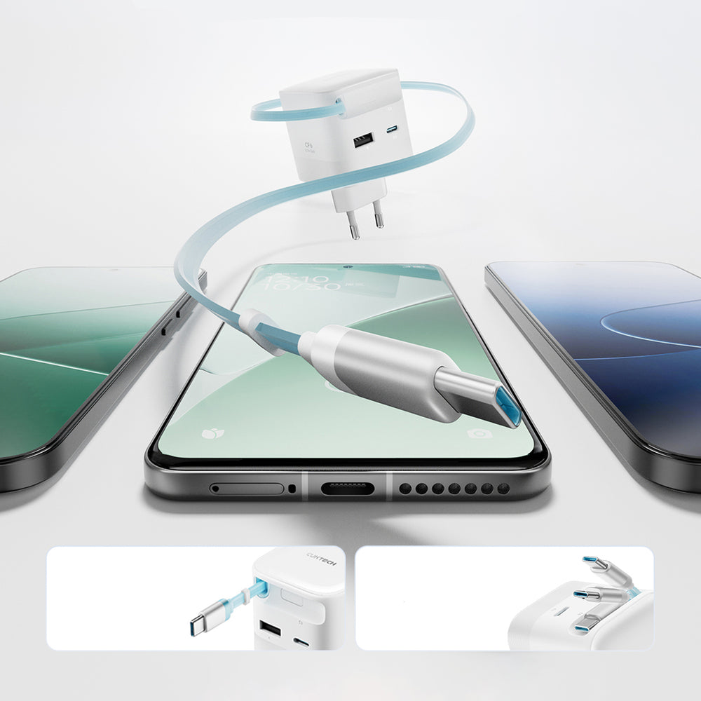 Cuktech AD653W 67W GaN 2x USB-C + USB-A Wall Charger with 70cm Retractable USB-C Cable - White