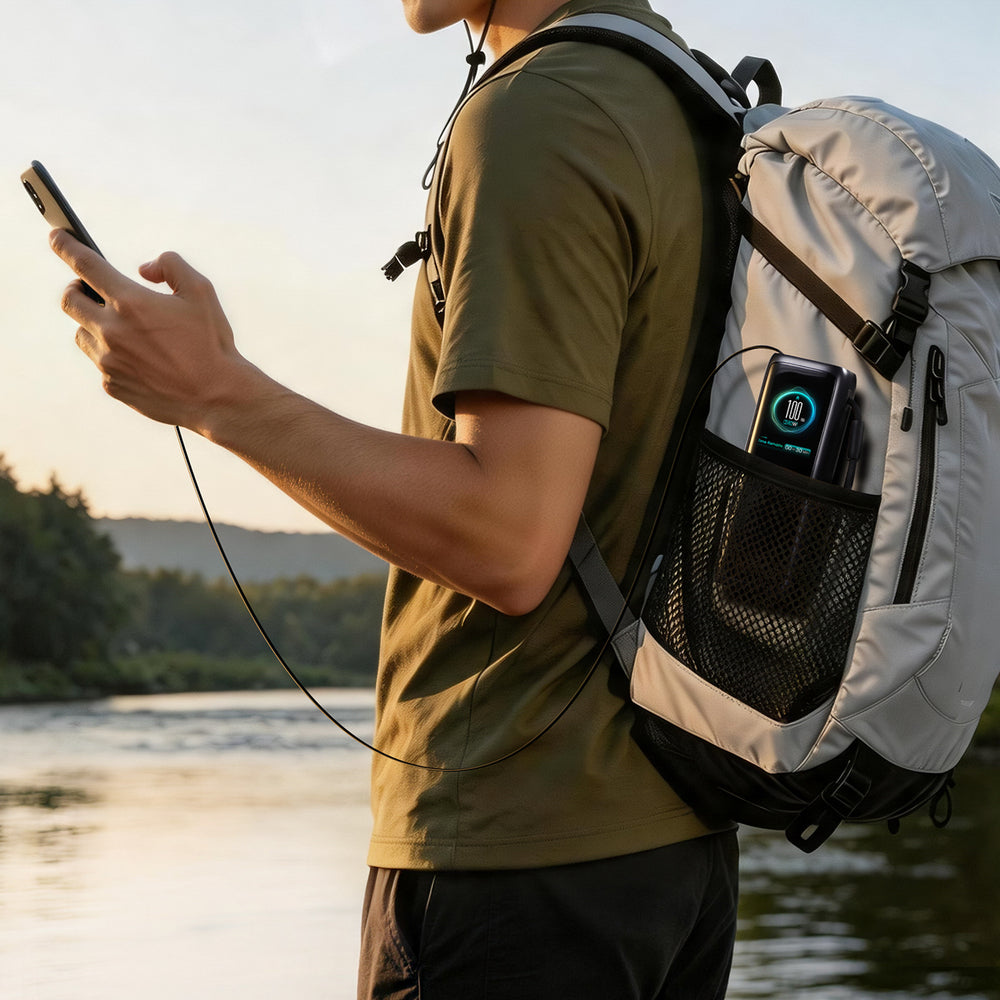 Joyroom PODIX PR70 25000mAh Power Bank op til 240W med to indbyggede USB-C kabler og to TFT skærme - Grå