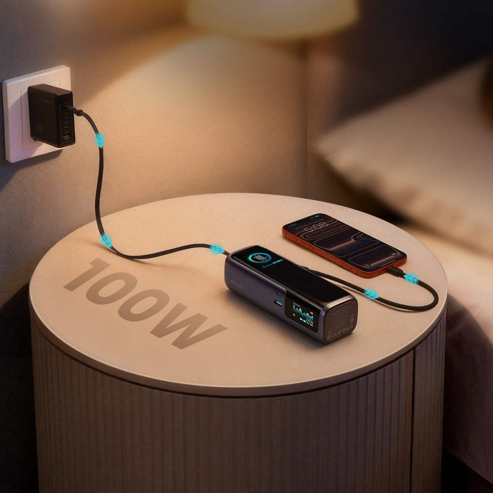 Joyroom PODIX PR70 25000mAh Power Bank op til 240W med to indbyggede USB-C kabler og to TFT skærme - Grå
