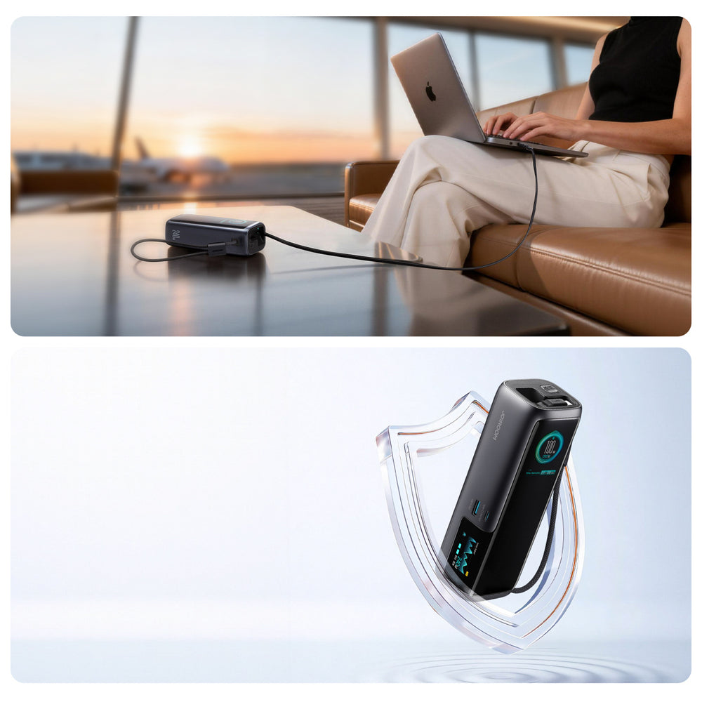 Joyroom PODIX PR70 25000mAh Power Bank op til 240W med to indbyggede USB-C kabler og to TFT skærme - Grå