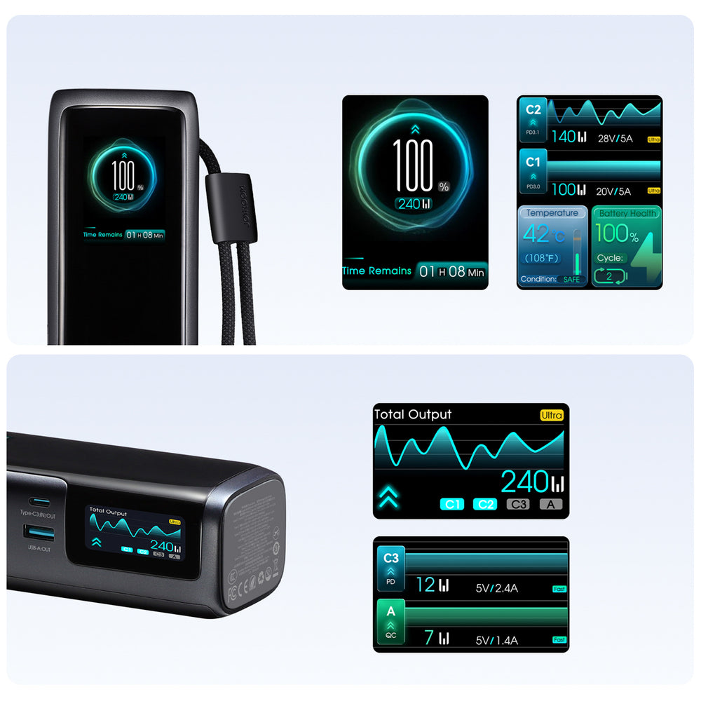 Joyroom PODIX PR70 25000mAh Power Bank op til 240W med to indbyggede USB-C kabler og to TFT skærme - Grå
