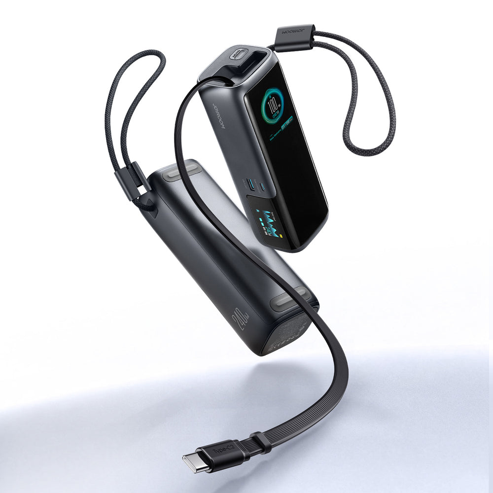 Joyroom PODIX PR70 25000mAh Power Bank op til 240W med to indbyggede USB-C kabler og to TFT skærme - Grå