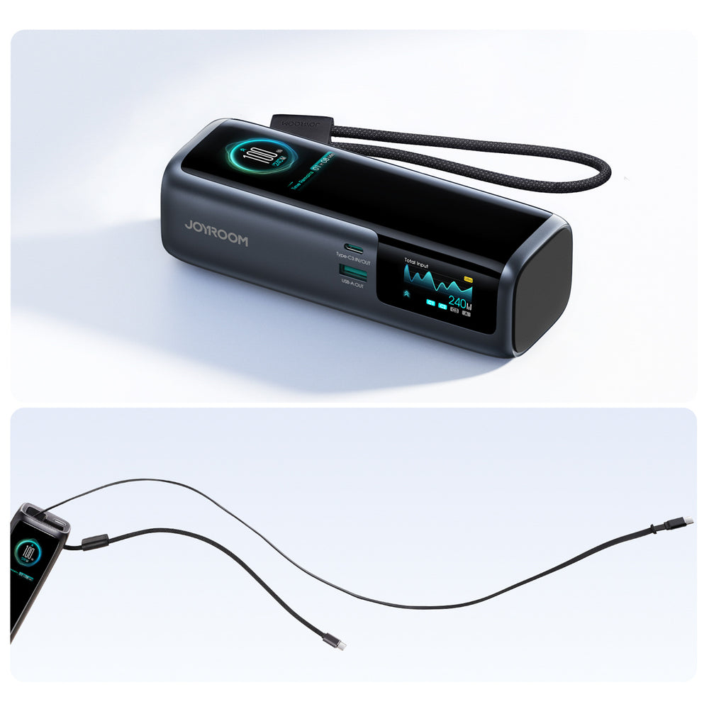 Joyroom PODIX PR70 25000mAh Power Bank op til 240W med to indbyggede USB-C kabler og to TFT skærme - Grå
