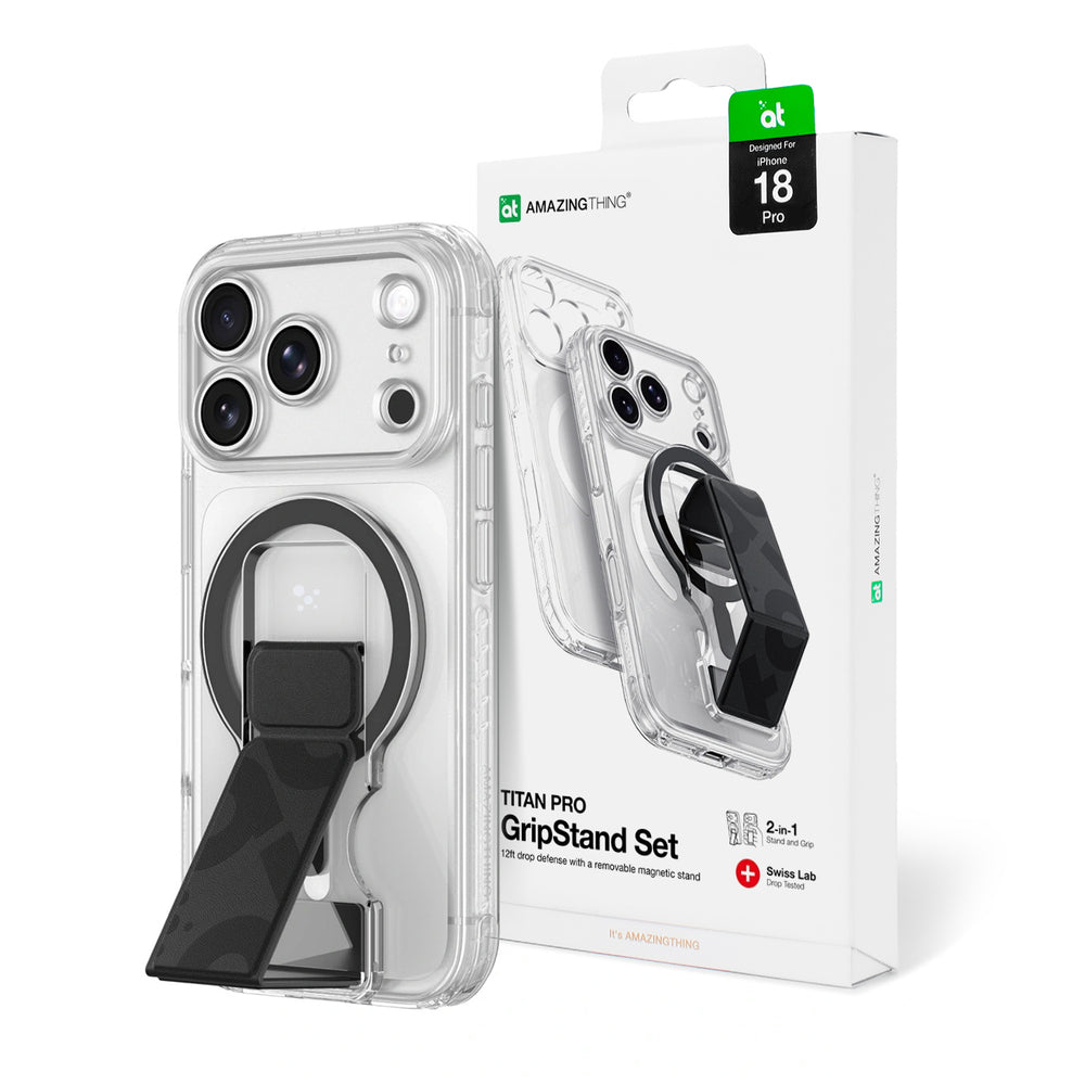 AmazingThing Titan Pro Lens Stand Set for iPhone 18 Pro med magnetisk holder og stand, kompatibel med MagSafe - gennemsigtig
