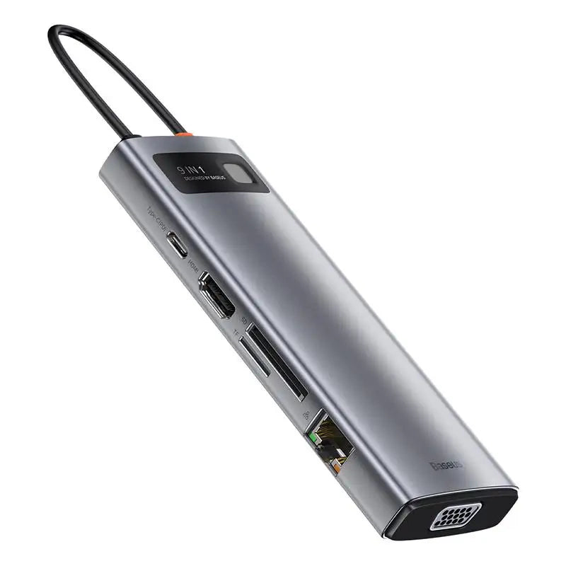 Hubin 9 Baseus Metal Gleam Series, USB-C til 3x USB 3.0 + HDMI + USB-C PD + Ethernet RJ45 + microSD / SD + VGA