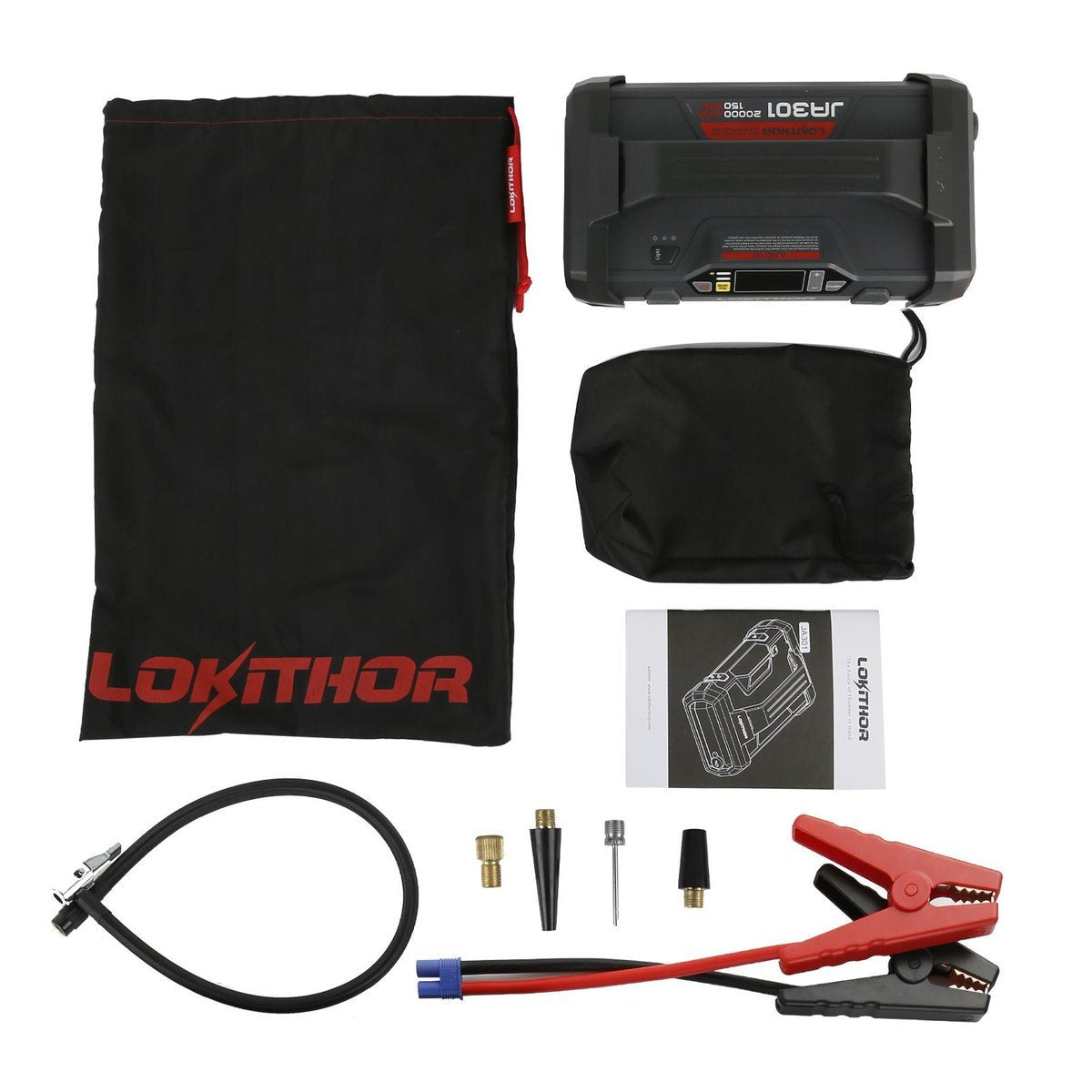 Lokithor JA301 Jump Starter / Booster 2000A + Powerbank 20000mAh + Kompressor + lommelygte 4-i-1-enhed
