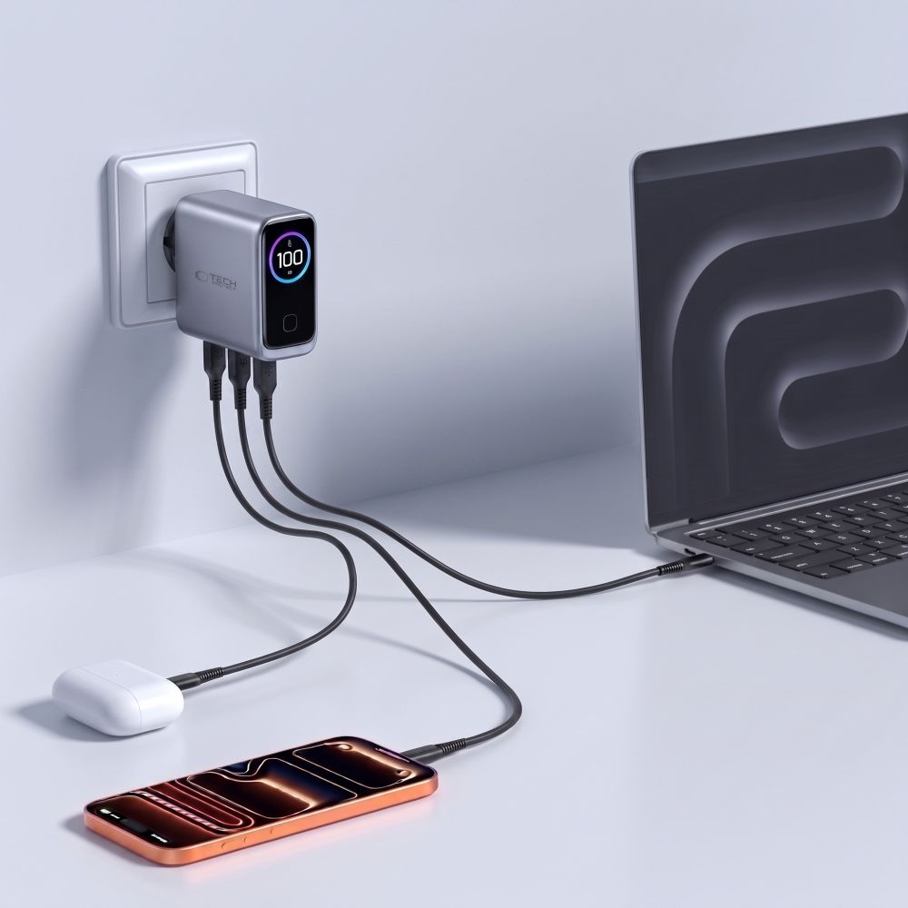 Tech-Protect PowerVision NC100W-GaN 3-Port PD 100W / QC3.0 Wall Charger - Dark Gray