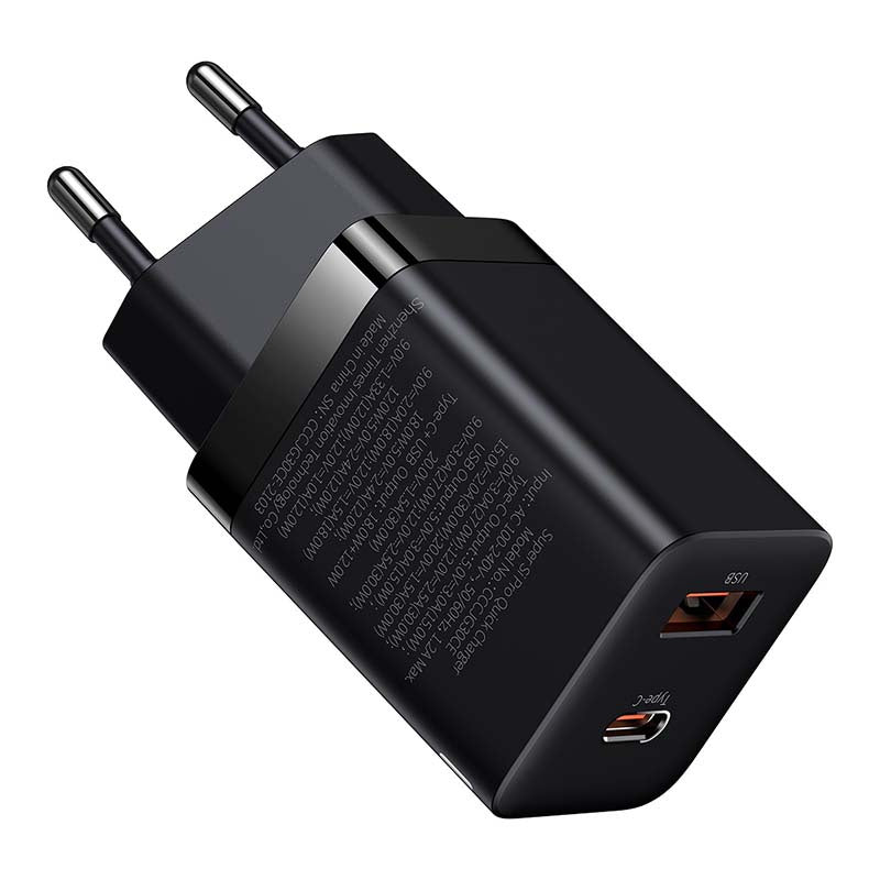 Baseus Super Si Pro hurtigoplader USB + USB-C 30W (sort)