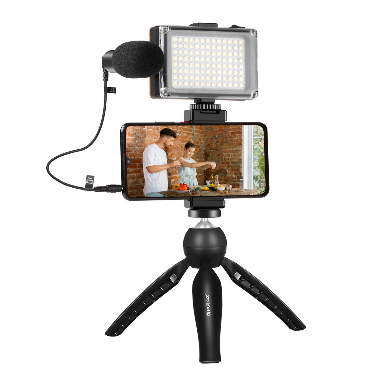 Puluz live optagelsessæt stativ + LED-lys + mikrofon + telefonclip PKT3132B