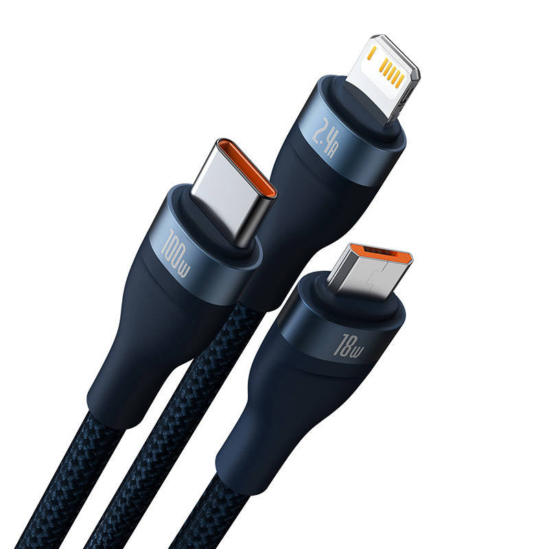 3in1 USB-kabel Baseus Flash-serie, USB-C + micro USB + Lightning, 100W, 1,2 m (blå)