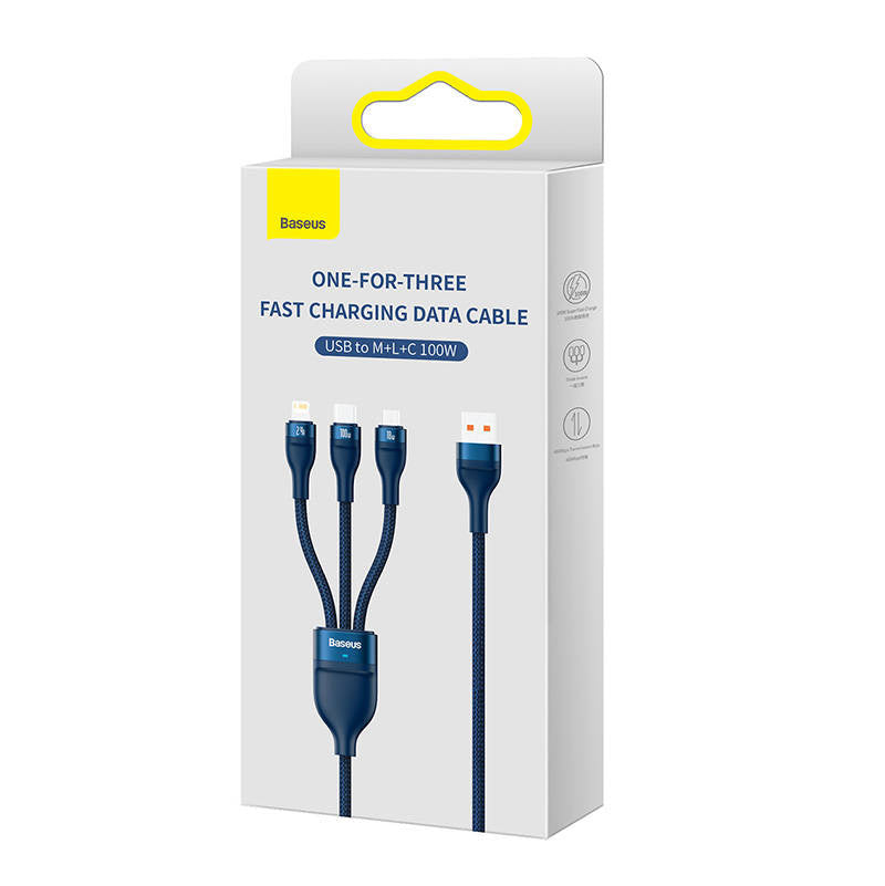 3in1 USB-kabel Baseus Flash-serie, USB-C + micro USB + Lightning, 100W, 1,2 m (blå)