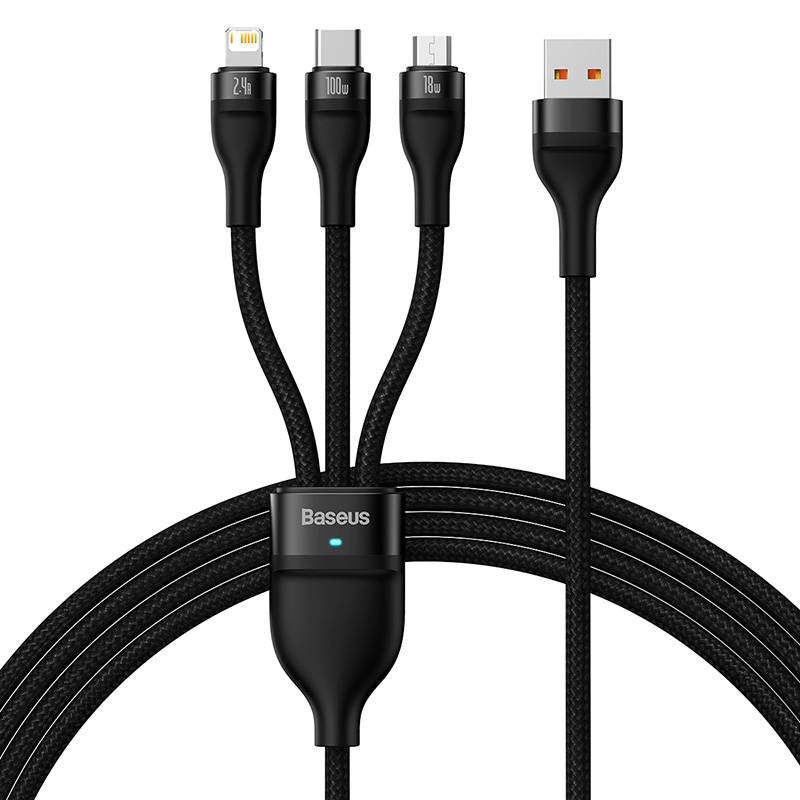 3in1 USB-kabel Baseus Flash-serie, USB-C + micro USB + Lightning, 100W, 1,2m (sort)