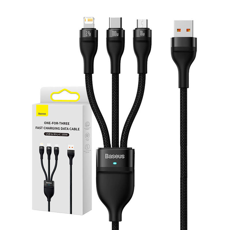 3in1 USB-kabel Baseus Flash-serie, USB-C + micro USB + Lightning, 100W, 1,2m (sort)