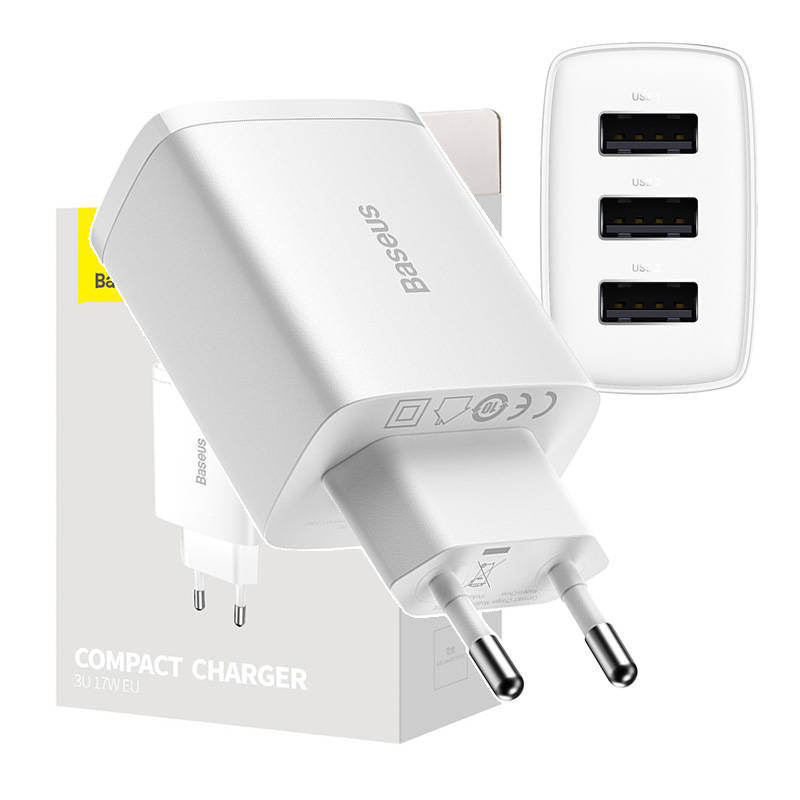 Baseus kompakte hurtigoplader, 3x USB, 17W (hvid)