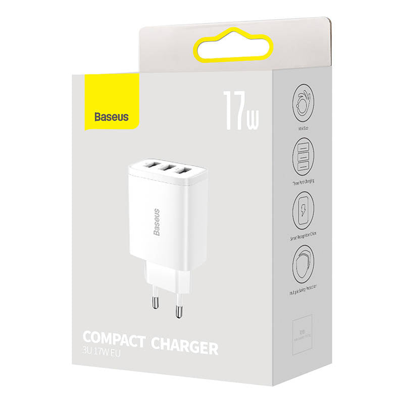 Baseus kompakte hurtigoplader, 3x USB, 17W (hvid)