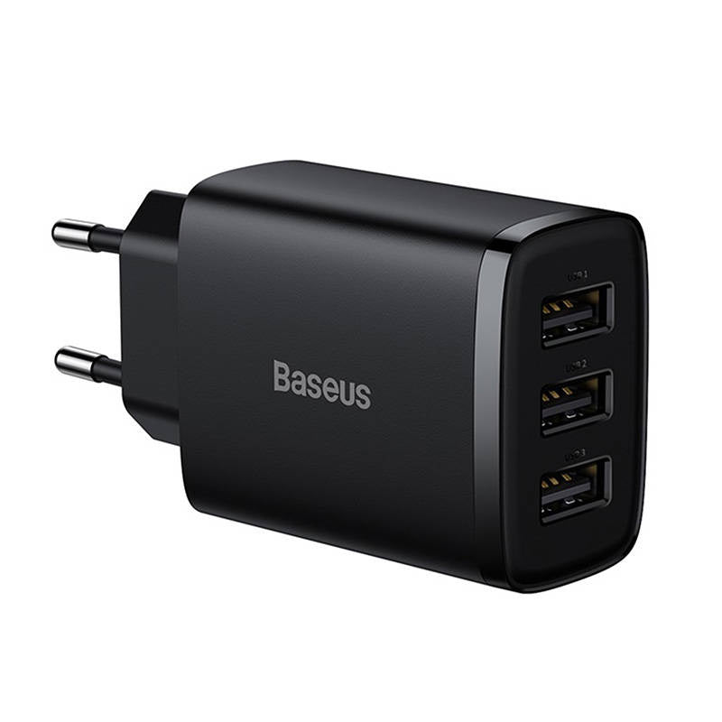 Baseus kompakte hurtigoplader, 3x USB, 17W (sort)